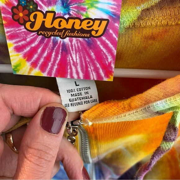 Handmade Geode Tie Dye Thermal Hoodie Womens Size Large Full Zip Colorful Pocket - Picture 8 of 12